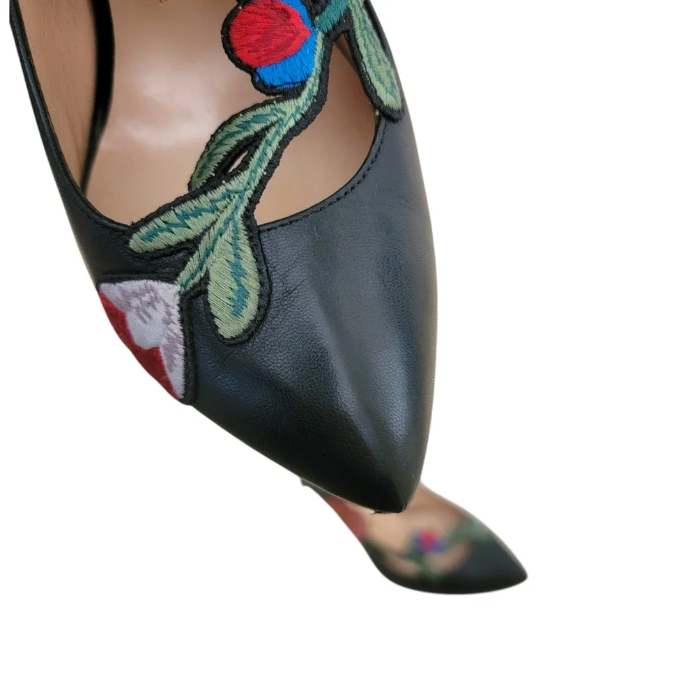 Gucci Floral Ophelia Black Leather Heels Embroidered Pointed Toe Pumps 36.5 6.5
